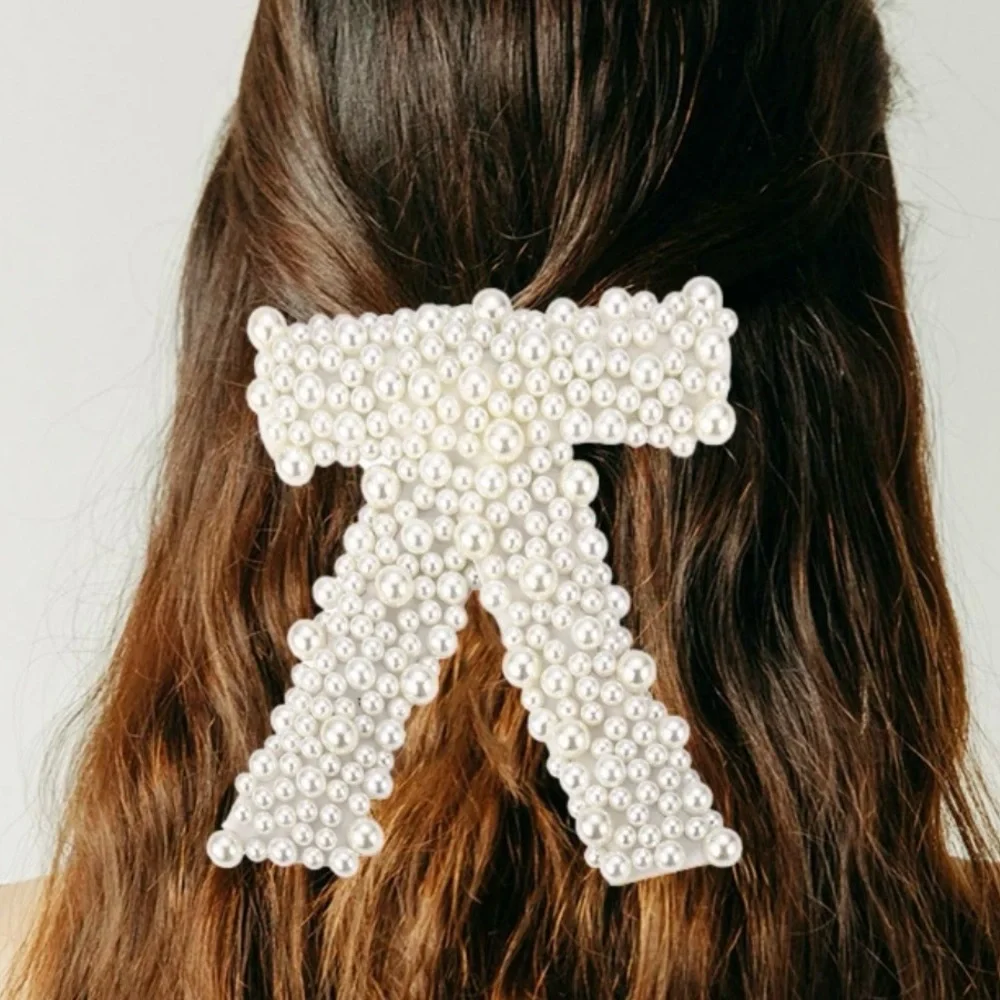✨FAUX PEARL‎ BEADED BOW HAIR CLIPS GORGEOUS CLIP ACCESSORIES-NEW-CREAMY WHITE